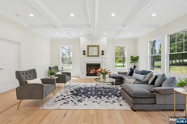 living room with recessed lighting, coffered ceiling, and beam ceiling