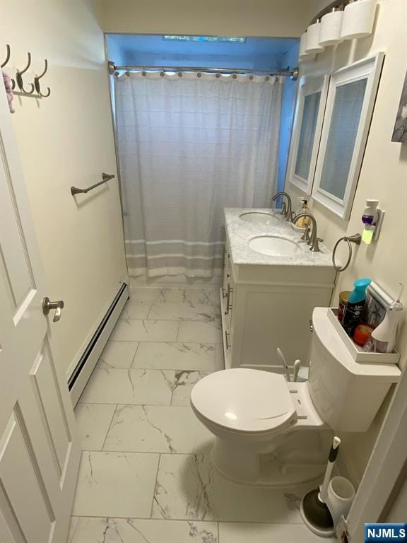 66 Lexington Ave, Rochelle Park, NJ 07662 - full bath with toilet, a shower with shower curtain, a baseboard heating unit, marble finish floor, and vanity