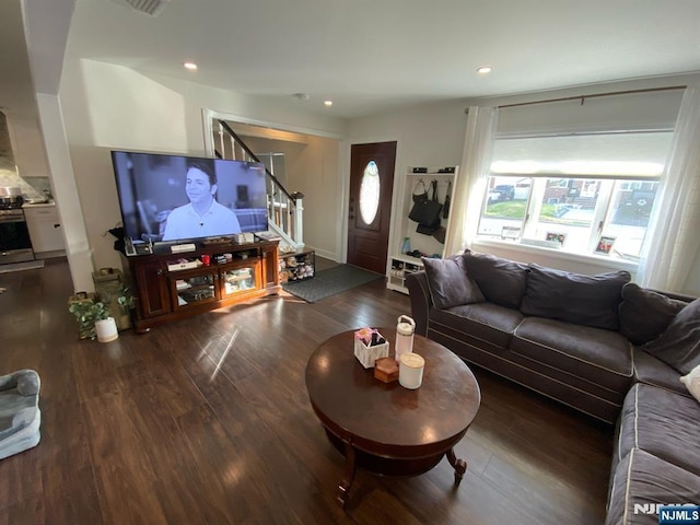 66 Lexington Ave, Rochelle Park, NJ 07662 - living room with stairway, wood finished floors, and recessed lighting