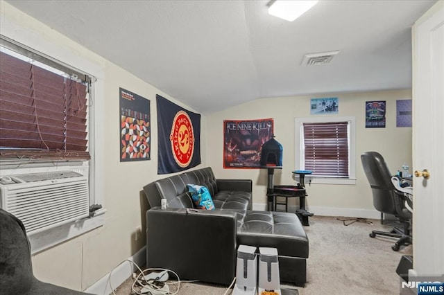 7 White Rd, West Milford, NJ 07421 - carpeted office with visible vents, baseboards, cooling unit, and vaulted ceiling