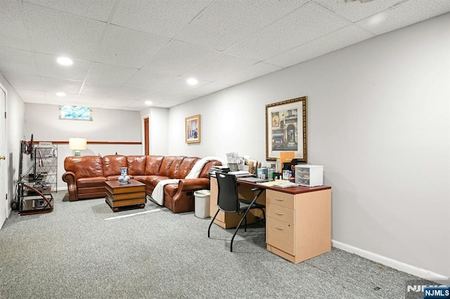 carpeted home office featuring baseboards, recessed lighting, and a paneled ceiling