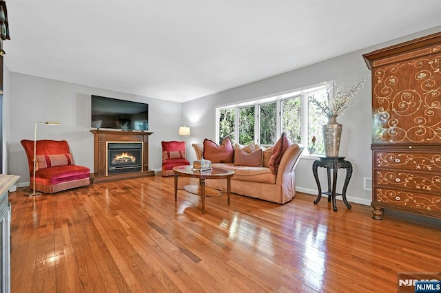 living room with baseboards, a glass covered fireplace, and wood finished floors