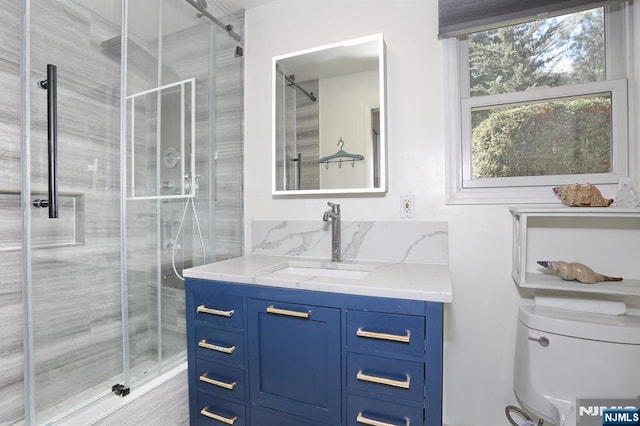 bathroom with toilet, a shower stall, and vanity