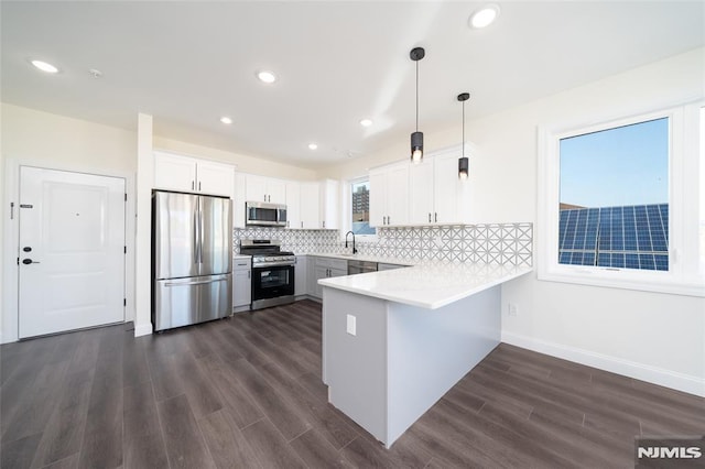 kitchen with a peninsula, appliances with stainless steel finishes, a sink, and dark wood finished floors