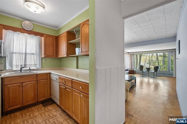 98 Roosevelt Blvd, Oakland, NJ 07436 - kitchen featuring brown cabinetry, white dishwasher, open shelves, light countertops, and a sink