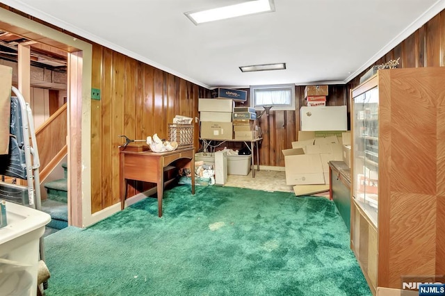 interior space featuring wooden walls, crown molding, and carpet floors