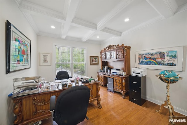 143 S Glen Rd, Kinnelon Borough, NJ 07405 - office featuring ornamental molding, beam ceiling, light wood-type flooring, recessed lighting, and coffered ceiling