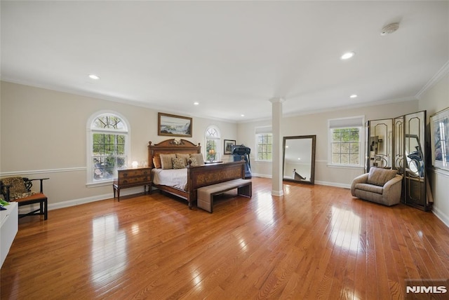 143 S Glen Rd, Kinnelon Borough, NJ 07405 - bedroom featuring light wood-style flooring, recessed lighting, baseboards, decorative columns, and ornamental molding