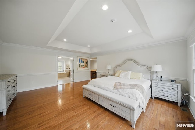 143 S Glen Rd, Kinnelon Borough, NJ 07405 - bedroom with crown molding, light wood-style flooring, recessed lighting, baseboards, and a tray ceiling