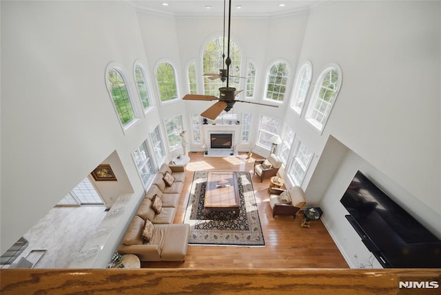 143 S Glen Rd, Kinnelon Borough, NJ 07405 - living room featuring a glass covered fireplace, a towering ceiling, and a wealth of natural light
