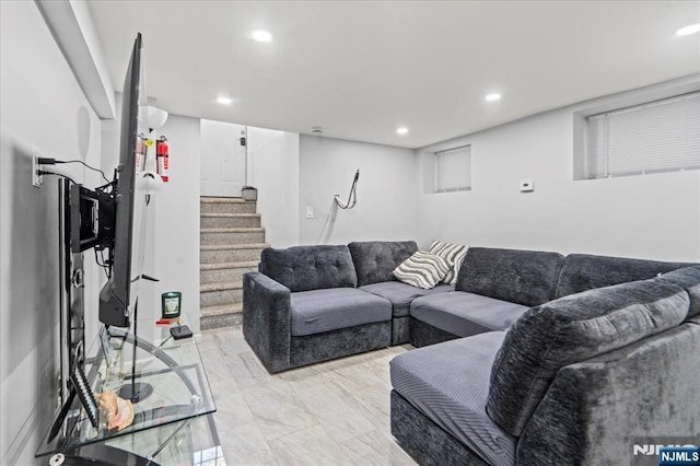 1026 Grove St, Irvington, NJ 07111 - living room with stairway, recessed lighting, and marble finish floor