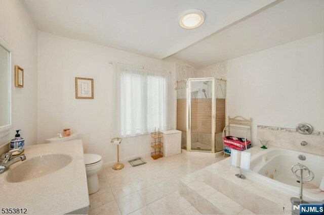 bathroom with tile patterned flooring, toilet, a whirlpool tub, a stall shower, and vaulted ceiling