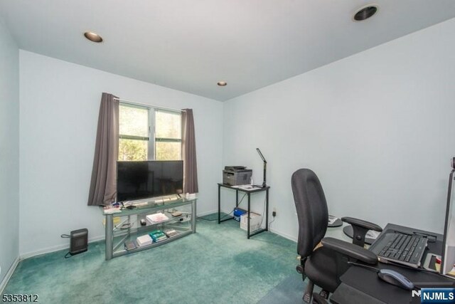 home office with baseboards, recessed lighting, and carpet
