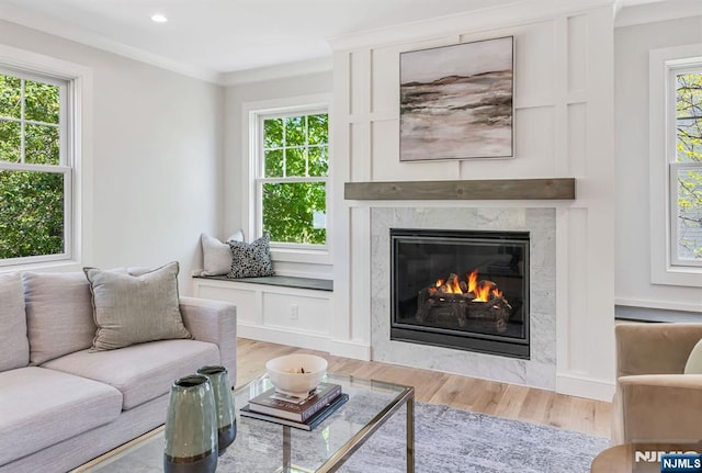 living area featuring crown molding, recessed lighting, wood finished floors, and a premium fireplace