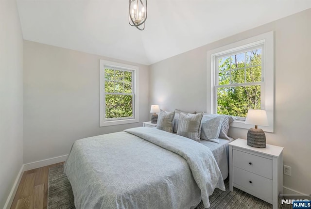 bedroom with baseboards, multiple windows, wood finished floors, and lofted ceiling