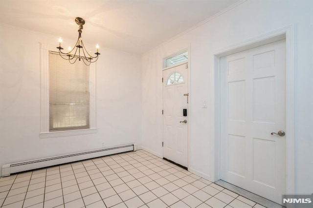 118 W 49th St, Bayonne, NJ 07002 - foyer with a notable chandelier, a baseboard heating unit, and ornamental molding