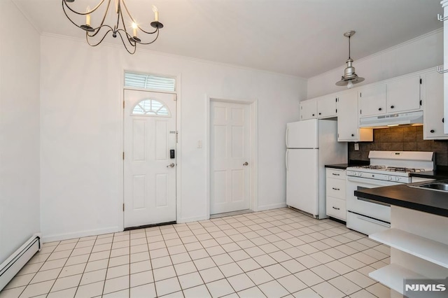118 W 49th St, Bayonne, NJ 07002 - kitchen with dark countertops, white appliances, a chandelier, under cabinet range hood, and a baseboard heating unit