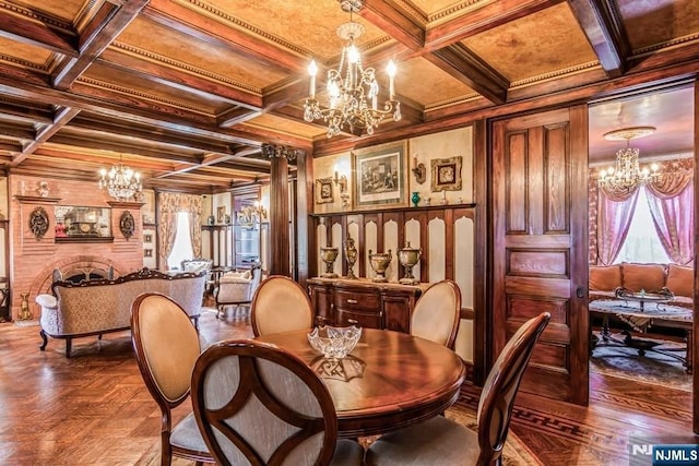 142 Brookfield Ave, Nutley, NJ 07110 - dining space featuring crown molding, wooden ceiling, coffered ceiling, and a notable chandelier