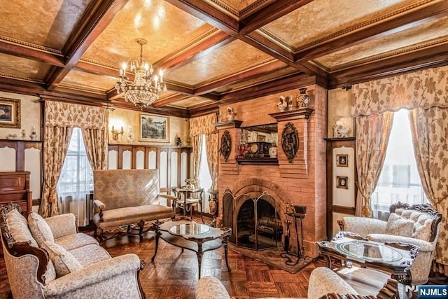 142 Brookfield Ave, Nutley, NJ 07110 - sitting room featuring crown molding, an inviting chandelier, a healthy amount of sunlight, and a fireplace
