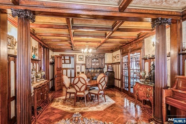 142 Brookfield Ave, Nutley, NJ 07110 - dining room with crown molding, coffered ceiling, a chandelier, and wooden ceiling