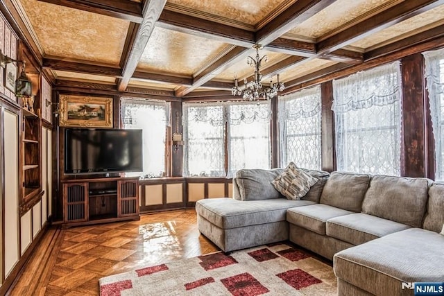 142 Brookfield Ave, Nutley, NJ 07110 - sunroom / solarium with beamed ceiling, a chandelier, a wealth of natural light, and coffered ceiling