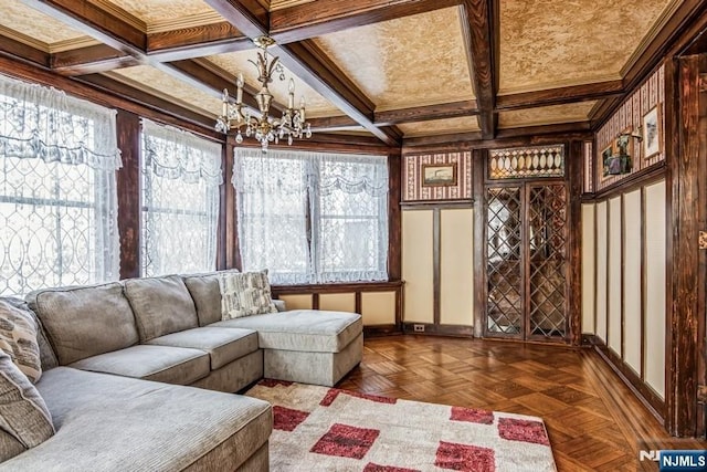 142 Brookfield Ave, Nutley, NJ 07110 - sunroom featuring beamed ceiling, a notable chandelier, and coffered ceiling