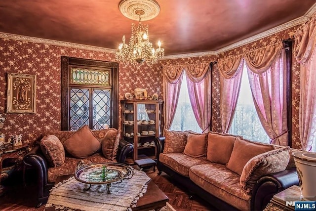 142 Brookfield Ave, Nutley, NJ 07110 - living area with ornamental molding, wallpapered walls, and a chandelier
