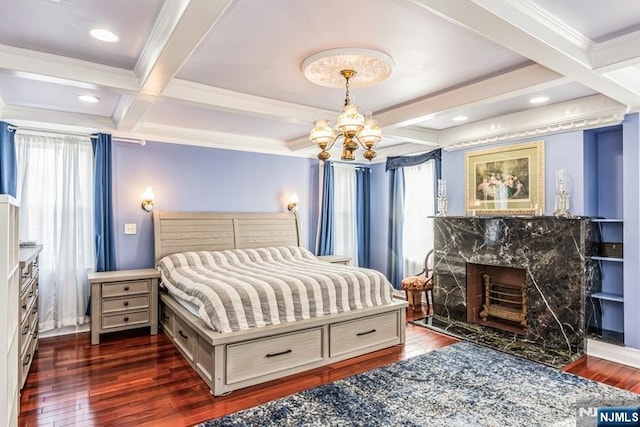142 Brookfield Ave, Nutley, NJ 07110 - bedroom with crown molding, beam ceiling, a chandelier, dark wood-style floors, and coffered ceiling