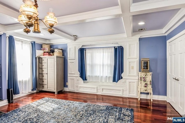 142 Brookfield Ave, Nutley, NJ 07110 - bedroom featuring an inviting chandelier, beamed ceiling, coffered ceiling, and wood finished floors