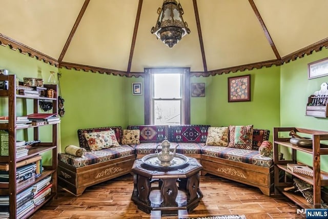 142 Brookfield Ave, Nutley, NJ 07110 - living room featuring vaulted ceiling with beams and wood finished floors