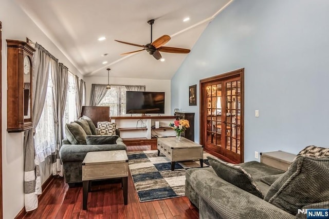 142 Brookfield Ave, Nutley, NJ 07110 - living area with wood finished floors, high vaulted ceiling, recessed lighting, french doors, and a ceiling fan