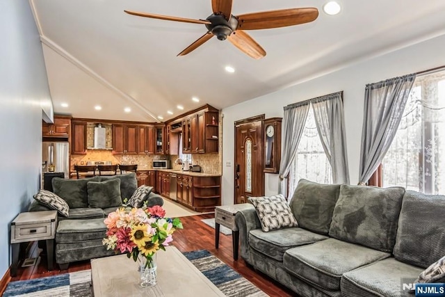 142 Brookfield Ave, Nutley, NJ 07110 - living room featuring plenty of natural light, ceiling fan, recessed lighting, and lofted ceiling