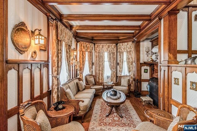 142 Brookfield Ave, Nutley, NJ 07110 - sitting room featuring beamed ceiling, ornamental molding, wood finished floors, and coffered ceiling