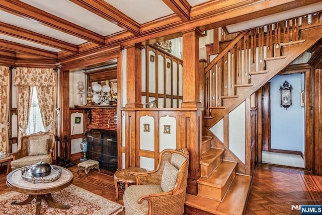 142 Brookfield Ave, Nutley, NJ 07110 - interior space with ornamental molding, a fireplace, stairway, and beamed ceiling
