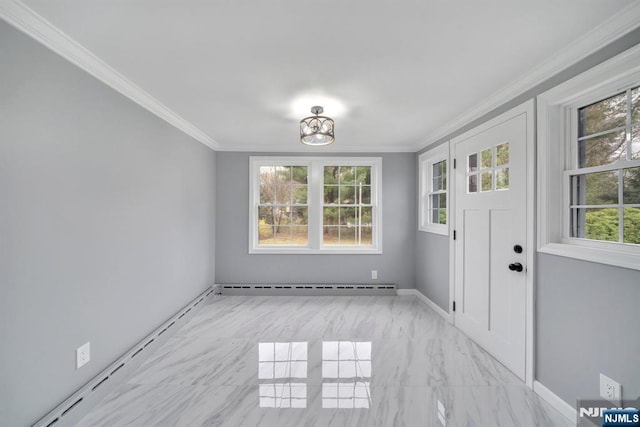 interior space with baseboards, a chandelier, ornamental molding, and a baseboard radiator