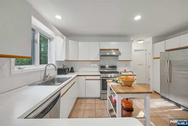 kitchen featuring appliances with stainless steel finishes, a sink, light tile patterned floors, white cabinets, and under cabinet range hood