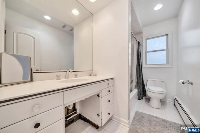 full bathroom featuring visible vents, vanity, toilet, baseboards, and a baseboard radiator