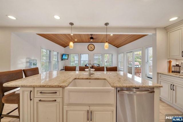 kitchen featuring wood ceiling, vaulted ceiling, a sink, and dishwasher