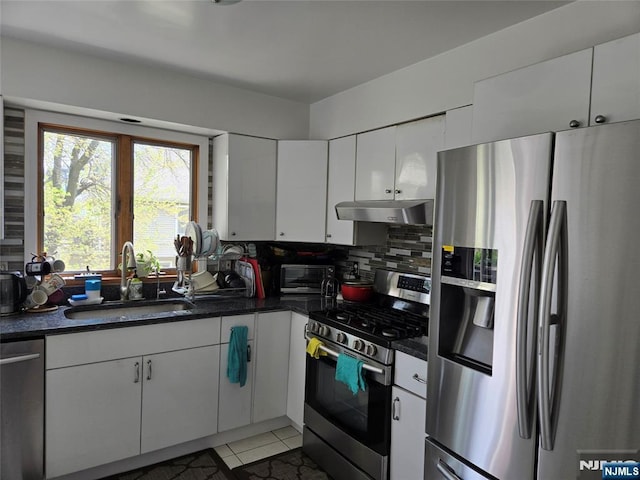 kitchen with white cabinets, appliances with stainless steel finishes, a sink, tasteful backsplash, and under cabinet range hood