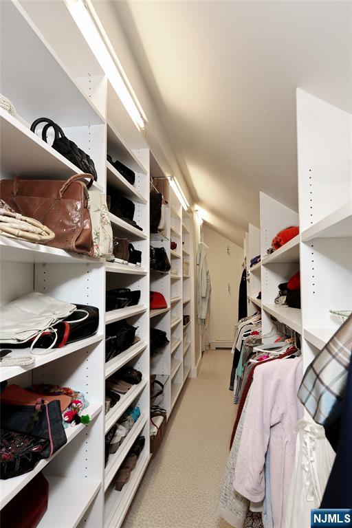 spacious closet with light carpet and vaulted ceiling