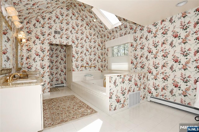 full bath with wallpapered walls, a baseboard heating unit, a bath, a skylight, and vanity