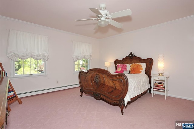 carpeted bedroom with a baseboard radiator, crown molding, a ceiling fan, and baseboards