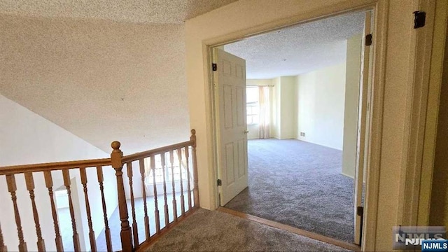 hall with carpet flooring and a textured ceiling