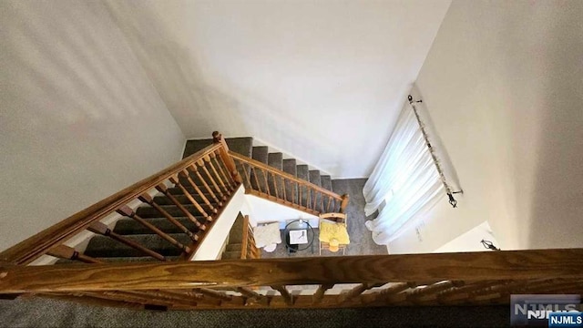 staircase with high vaulted ceiling