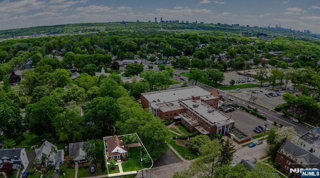 aerial view of property and surrounding area with property parcel outlined and a view of skyline