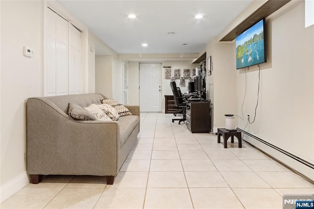 living area featuring an office area, a baseboard radiator, recessed lighting, and light tile patterned floors