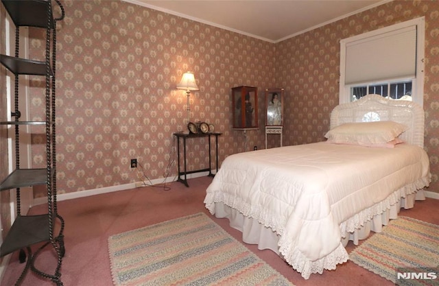 carpeted bedroom featuring crown molding, baseboards, and wallpapered walls
