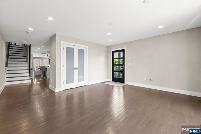 746 Undercliff Unit A, Edgewater, NJ 07020 - unfurnished living room featuring french doors, wood finished floors, stairs, baseboards, and recessed lighting
