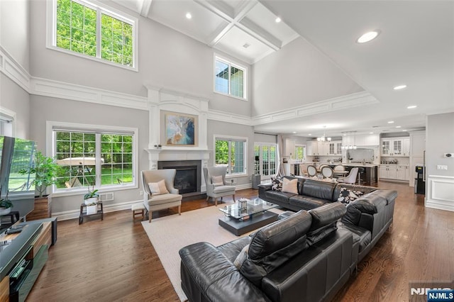 living room with a towering ceiling, plenty of natural light, a glass covered fireplace, recessed lighting, and dark wood-type flooring