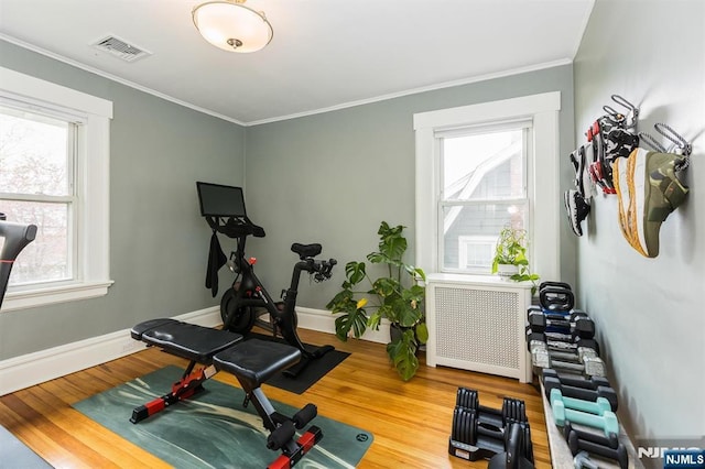workout room with visible vents, radiator, crown molding, and wood finished floors